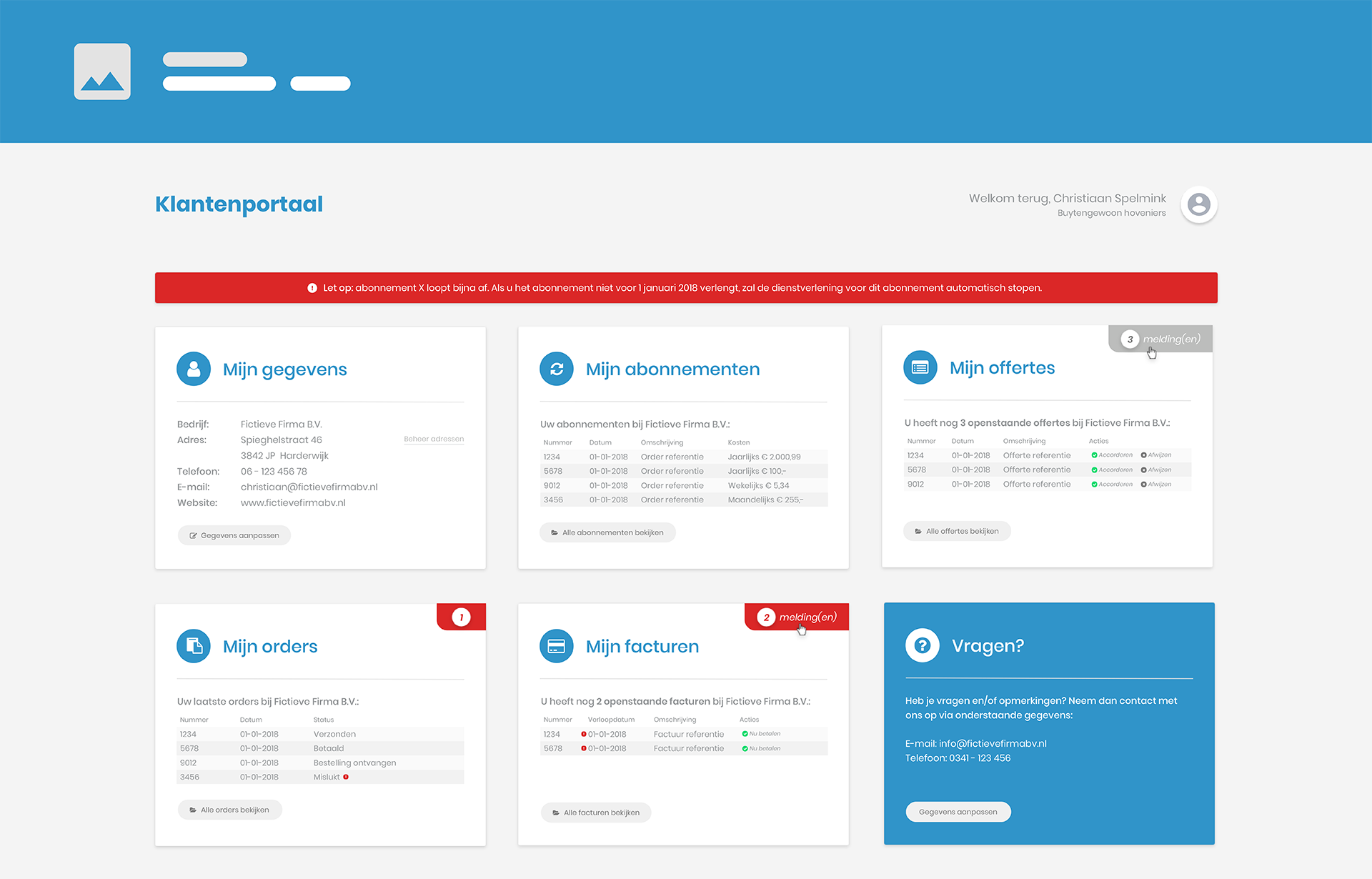 <p>Het ontwerp hiervan is volledig vernieuwd in Suite MKB versie 8.3. Het nieuwe ontwerp is modern, overzichtelijk en responsive. We hebben gekozen voor een dashboard met blokken waarop statusmeldingen staan en de laatste documenten. Hierdoor ziet uw klant direct waar nog actie vereist is, bijvoorbeeld een factuur betalen. In het plaatje hierboven ziet u een stukje van het nieuwe Klantenportaal</p>